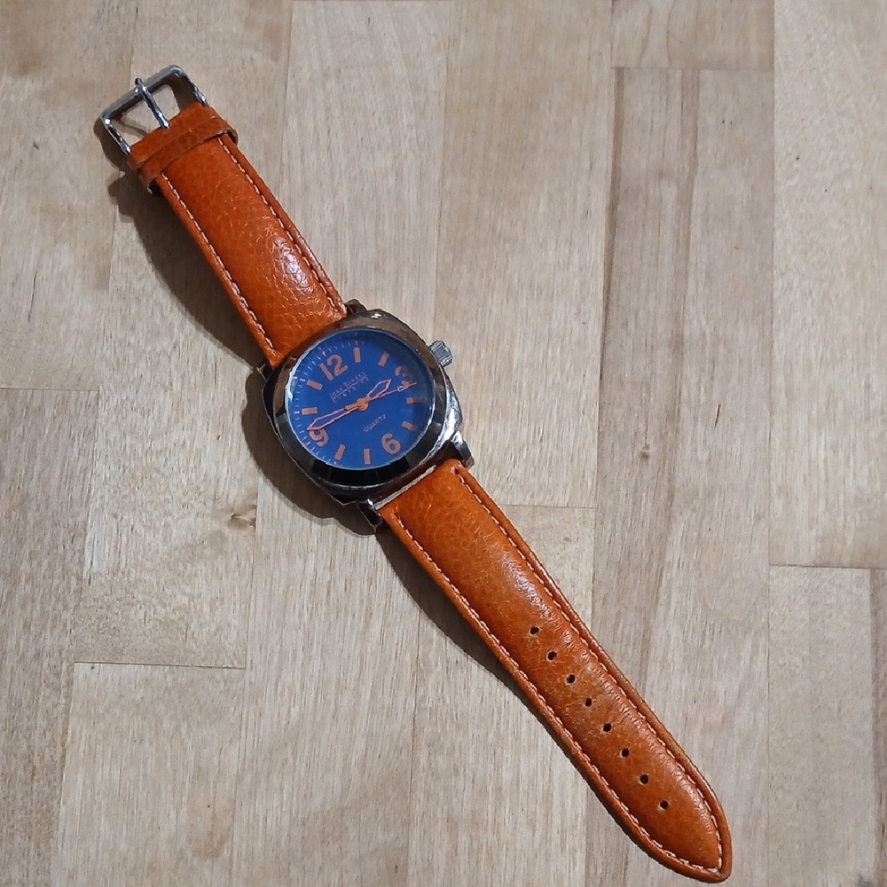 Joan Rivers Orange Leather Strap Watch with Blue Dial